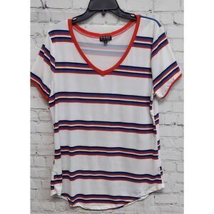 Poof New York Stretch Red White Blue Short Sleeve V-Neck Pullover Top Shirt 2X